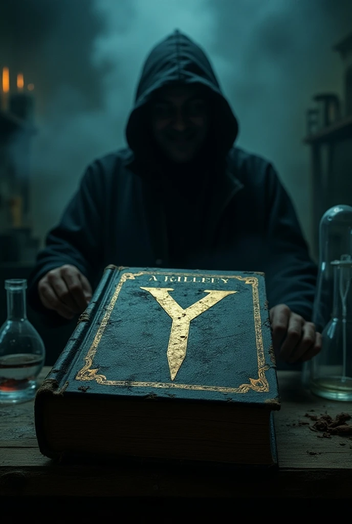 Create a backgroundless image with the phrase "YIt is", chrome and melting as title.
It is ponha um ser encapuzado, with glowing red eyes in the chained background. It ism uma mão a letra "Y", in the other hand the letter "It is"
It is um aviso de "danger do not open"