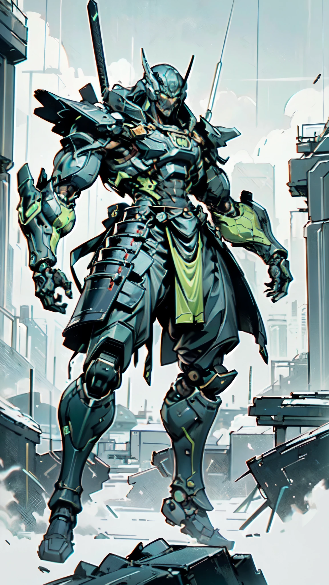 (masterpiece:1.5, best quality:1.5, extremely delicate:1.5, dynamic angle:1.5), ((male:1.5)), Biomimetic humanoid Mecha, green eyes, fully enclosed shoulder guards, matching arm and leg guards, gemstone, full body, full armor, the design balances heavy with agility, organic biotech armor, (the color scheme is primarily Blue with Green and White accents, concept Inspired by Samurai, glowing eyes, the armor glows), standing, floating high above the futuristic sci-fi city, a finely crafted Super robot in anime style, exquisite and mature art style, metallic, dramatic, high definition, highres, ultra-detailed, ultra-fine painting, professional, anatomically correct, symmetrical face, extremely detailed eyes and face, high quality eyes, creativity, RAW photo, UHD, 32k, Natural light, cinematic lighting, (masterpiece-anatomy-perfect:1.2)