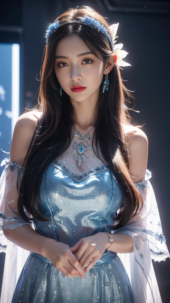 "Let our AI platform take you on a journey through a stunning portrait that will leave you in awe. Imagine a bright and beautiful face, with youthful and shiny white skin that seems to shine from within. Her hair is a sight to behold, with super long and silky straight hairs smoother than anything you've ever seen. And the cherry on top? The beautiful bangs shine like glowing crystals, Add a touch of magic to the overall image. With our wide range of designs and variations, You will be amazed at the endless possibilities."
