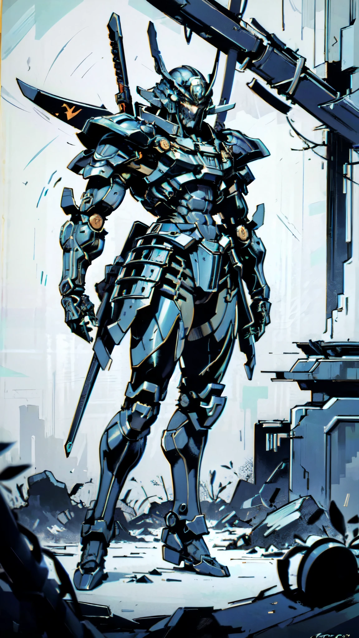 (masterpiece:1.5, best quality:1.5, extremely delicate:1.5, dynamic angle:1.5), ((male:1.5)), Biomimetic humanoid Mecha, green eyes, fully enclosed shoulder guards, matching arm and leg guards, gemstone, full body, full armor, the design balances heavy with agility, organic biotech armor, (the color scheme is primarily Blue with Green and White accents, concept Inspired by Samurai, glowing eyes, the armor glows), standing, floating high above the futuristic sci-fi city, a finely crafted Super robot in anime style, exquisite and mature art style, metallic, dramatic, high definition, highres, ultra-detailed, ultra-fine painting, professional, anatomically correct, symmetrical face, extremely detailed eyes and face, high quality eyes, creativity, RAW photo, UHD, 32k, Natural light, cinematic lighting, (masterpiece-anatomy-perfect:1.2)