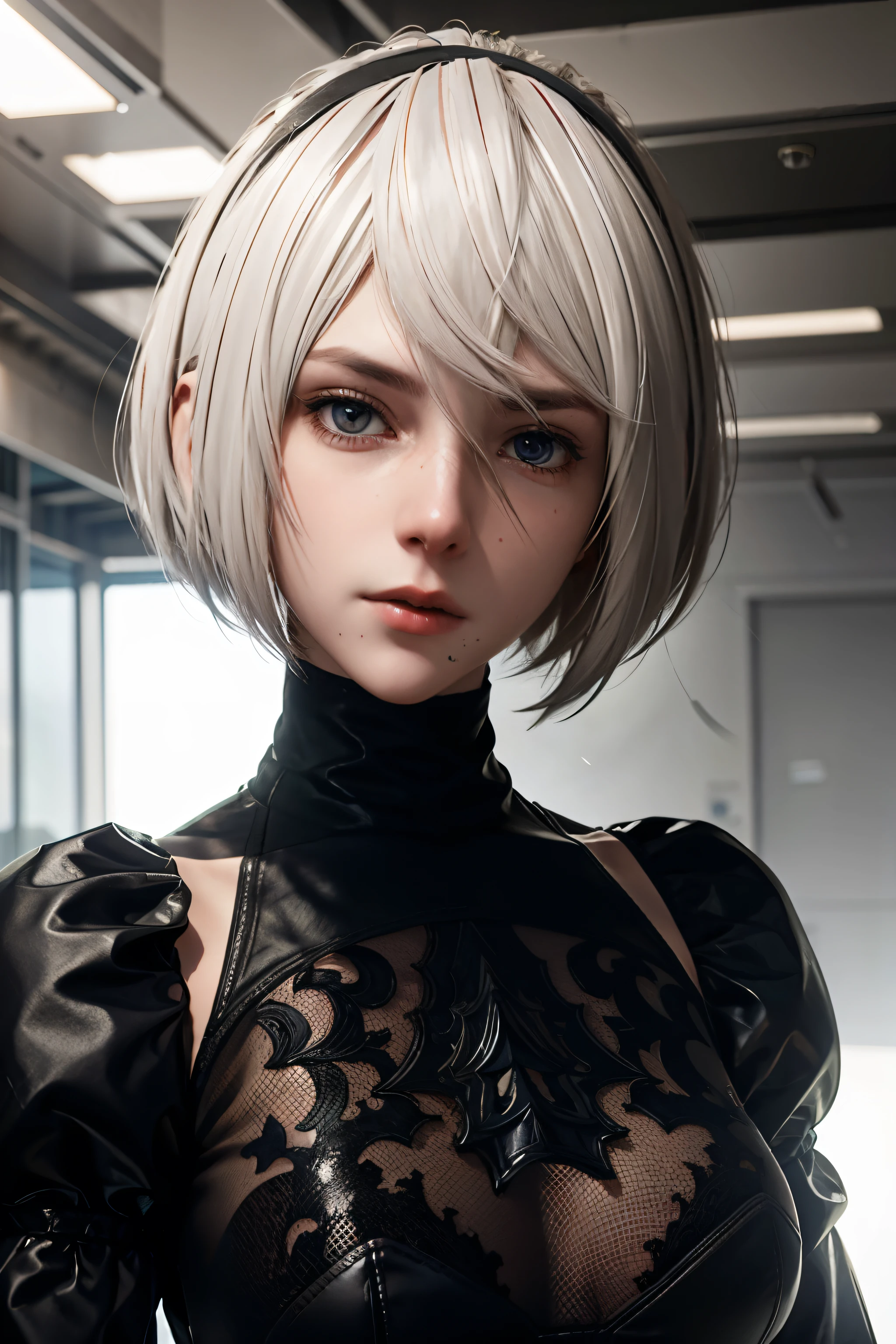 A stunning intricate full color portrait, wearing a black turtleneck, epic character composition, white hair, alessio albi, nina masic, sharp focus, natural lighting, subsurface scattering, f2, 35mm,
