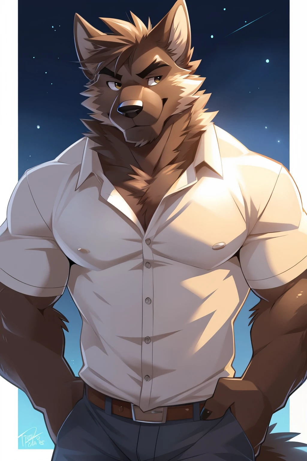 ((solo)), male, anthro (brown bear), ((white shirt, black slacks, open shirt, exposed torso, hyper erect penis, belt)), ((standing, modern bedroom, detailed background)), ((muscular, beefy:1.4)), by personalami, by ruardri, by thebigslick, by kenket, big nipples, (epic, masterpiece, high quality, correct anatomy:1.2), (posing), (belly), (smile), ((mature male))