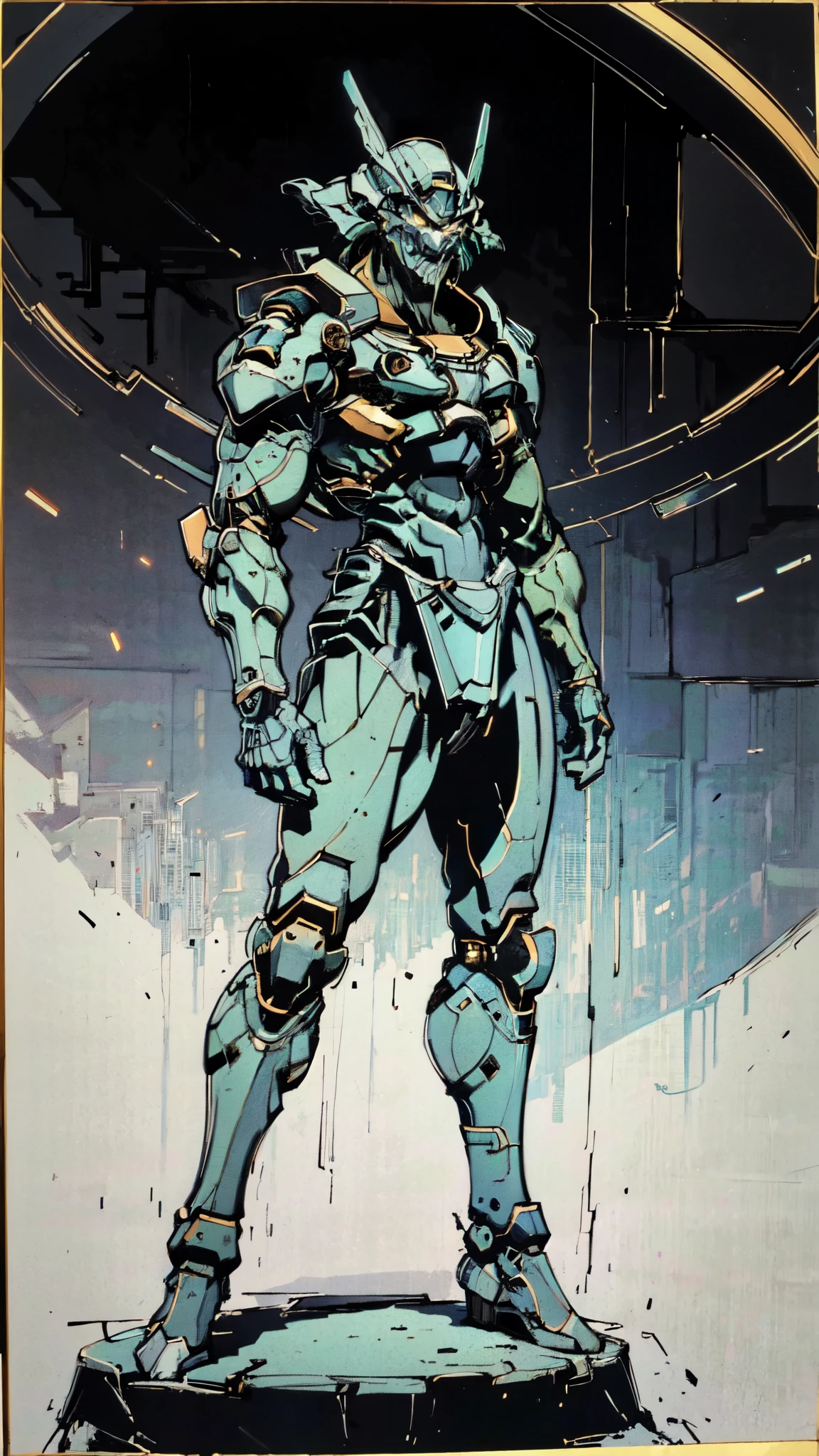 (masterpiece:1.5, best quality:1.5, extremely delicate:1.5, dynamic angle:1.5), ((male:1.5)), Biomimetic humanoid Mecha, green eyes, fully enclosed shoulder guards, matching arm and leg guards, gemstone, full body, full armor, the design balances heavy with agility, organic biotech armor, (the color scheme is primarily Blue with Green and White accents, concept Inspired by Samurai, glowing eyes, the armor glows), standing, floating high above the futuristic sci-fi city, a finely crafted Super robot in anime style, exquisite and mature art style, metallic, dramatic, high definition, highres, ultra-detailed, ultra-fine painting, professional, anatomically correct, symmetrical face, extremely detailed eyes and face, high quality eyes, creativity, RAW photo, UHD, 32k, Natural light, cinematic lighting, (masterpiece-anatomy-perfect:1.2)