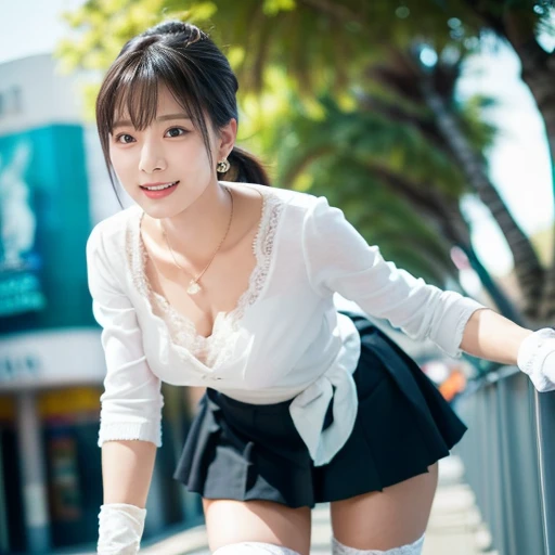 (Vulgar,nsfw),(skirt lift,very windy),(beautiful elegant white panties),very low angle,from below),((masterpiece, highest resolution,best quality)),  (beautiful photo realistic illustration), ((semi long beautiful hair,blunt bangs,pony tail,beautiful eyes)),(solo),(beautiful elegant office blouse and black skirt,skirt lifted by the wind),(looking at the viewer), (walking around the shopping mall),
(innocent smile, Embarrassed),(white over-kneehighs,Lace chalker, wristband, fingerless gloves, over-kneehighs,
Lace chalker, diamond necklace,wristband, fingerless gloves, earrings), (cinematic lighting, very windy),shopping mall,big city,busy street,day,blue sky,flowers and trees,crowded,(from the ground),(beautiful elegant Underwear patterns),