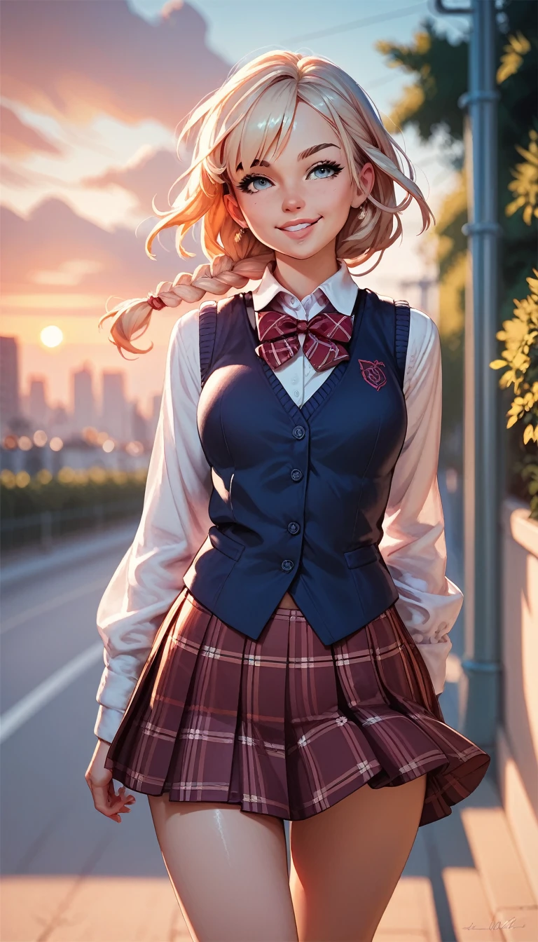 a girl,solo, school girl,braid hair, smile ,glossy lips,walking ,school uniform ,shirt,sleeveless vest,buttoned vest, plaid skirt,thigh ,cowboy shot,from front ,school commute,city,sunset