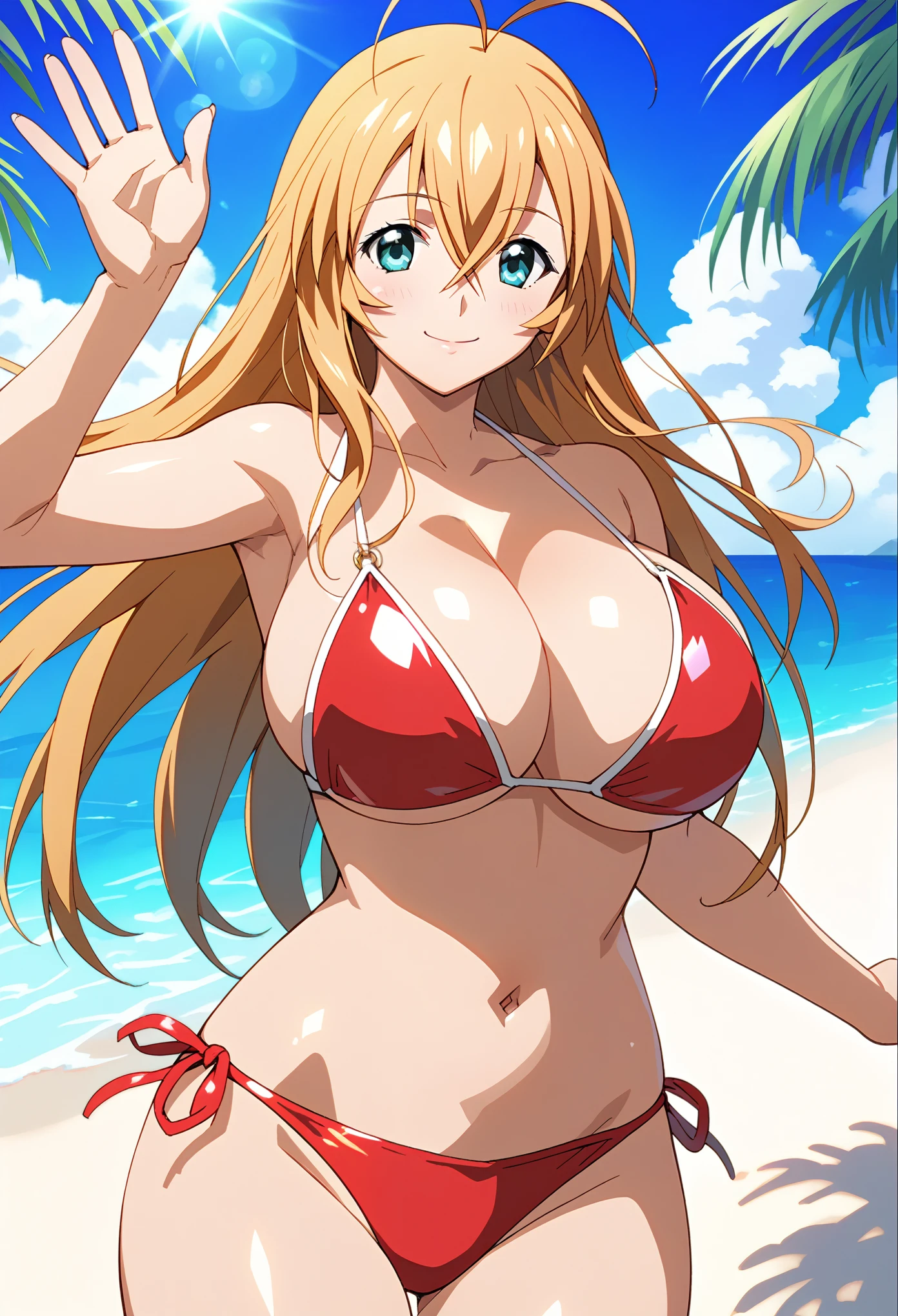  score_9,  score_8_up,  score_7_up, sauce_Anime, Anime screencap,  shiny skin ,  1 girl, Alone, Outdoor, Beach, palm, bikini,sonsakuhakufupony, Long Hair,  blond hair, Aqua Eye,   grab the book , Antenna Hair, Huge breasts, sexy, Glamour,  smile,  watching viewers,  cowboy shot, closed mouth , Wavy