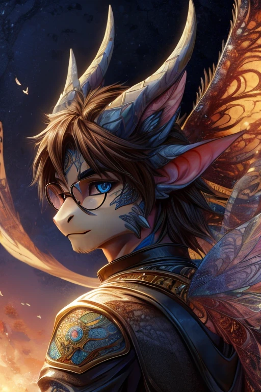 D&D drawing, male, handsome dragon druid, blue eyes, short brown hair, goate, proud, masterpiece, best quality, ultra-detailed, cinematic beautiful lighting, intricate details, looking at viewer, fairy wings, round glasses, sole, cool pose,  fit, good looking, young , handsome, manly, gunslinger, artificer, long draconic tail