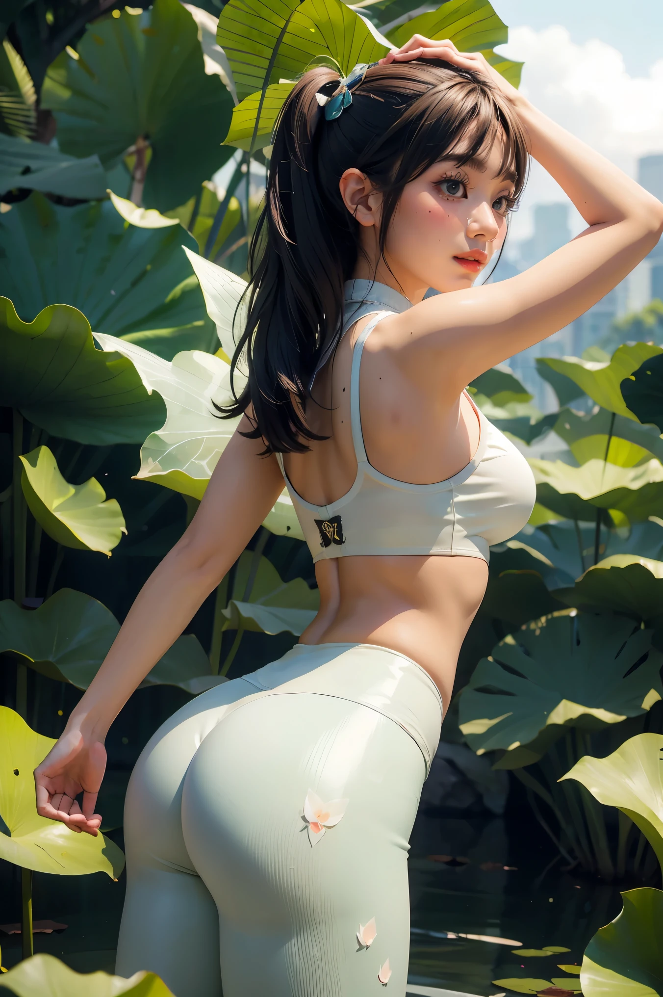 1girl, solo,（lotus），yoga pants，lotus leaf fairy，anatomically correct，Ultra-clear，masterpiece，3D，skin texture，realistic，Gorgeous clothing，yoga pants, stand