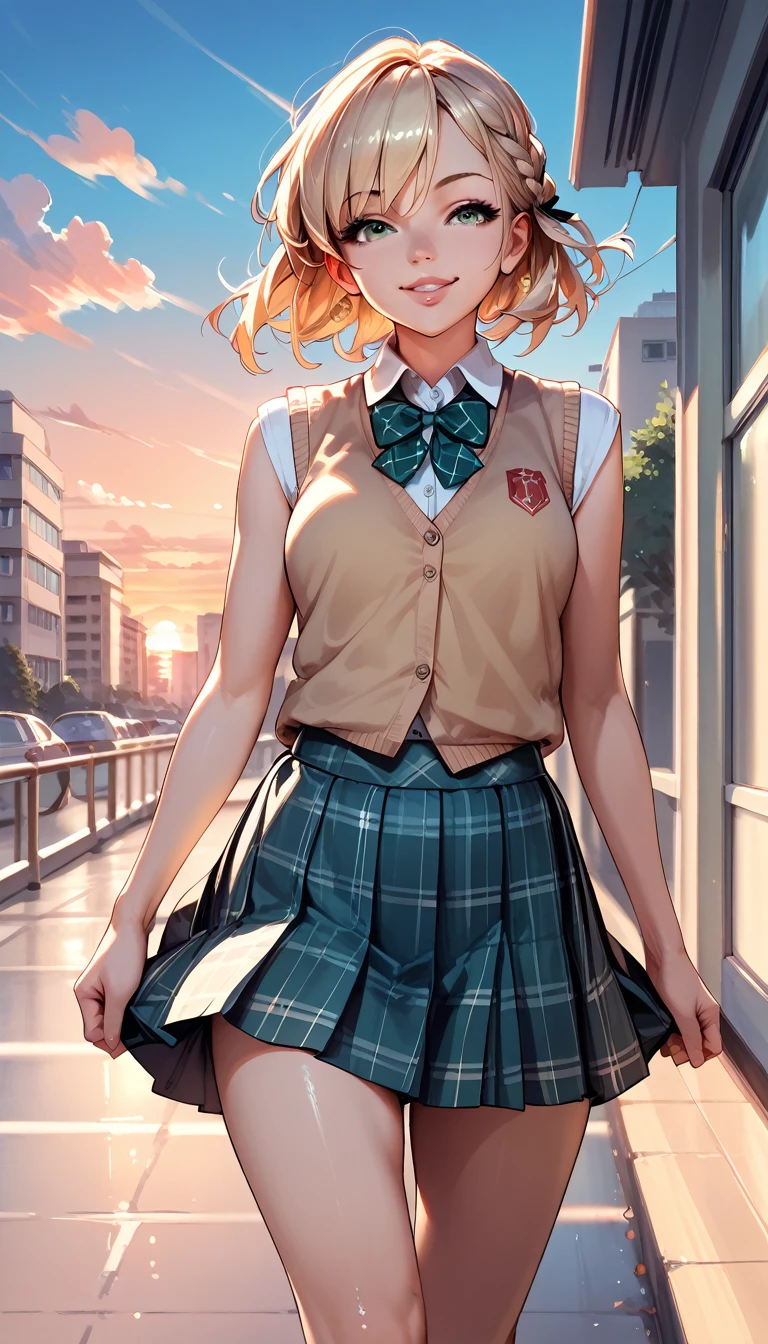 a girl,solo, school girl,braid hair, smile ,glossy lips,walking ,school uniform ,shirt,sleeveless vest,buttoned vest, plaid skirt,thigh ,cowboy shot,from front ,school commute,city,sunset