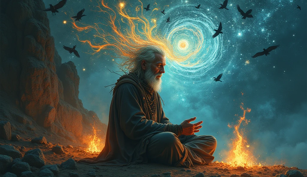 A wise old man, long beard, sitting in a meditation position, looking directly at camera, cosmic scenery exhausting divine energy across the universe