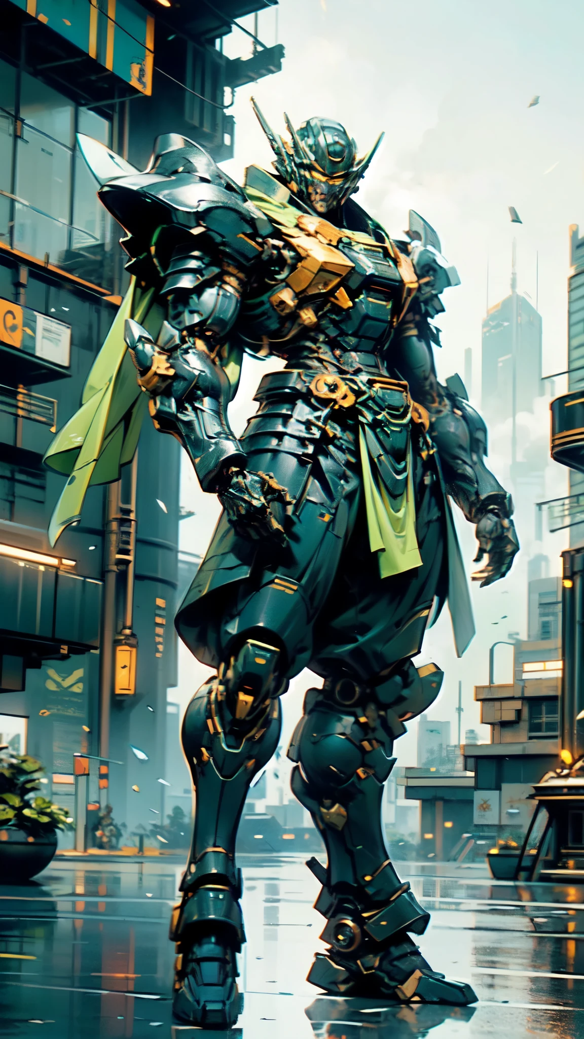 (masterpiece:1.5, best quality:1.5, extremely delicate:1.5, dynamic angle:1.5), ((male:1.5)), Biomimetic humanoid Mecha, green eyes, fully enclosed shoulder guards, matching arm and leg guards, gemstone, full body, full armor, the design balances heavy with agility, organic biotech armor, (the color scheme is primarily Blue with Green and White accents, concept Inspired by Samurai, glowing eyes, the armor glows), standing, floating high above the futuristic sci-fi city, a finely crafted Super robot in anime style, exquisite and mature art style, metallic, dramatic, high definition, highres, ultra-detailed, ultra-fine painting, professional, anatomically correct, symmetrical face, extremely detailed eyes and face, high quality eyes, creativity, RAW photo, UHD, 32k, Natural light, cinematic lighting, (masterpiece-anatomy-perfect:1.2)