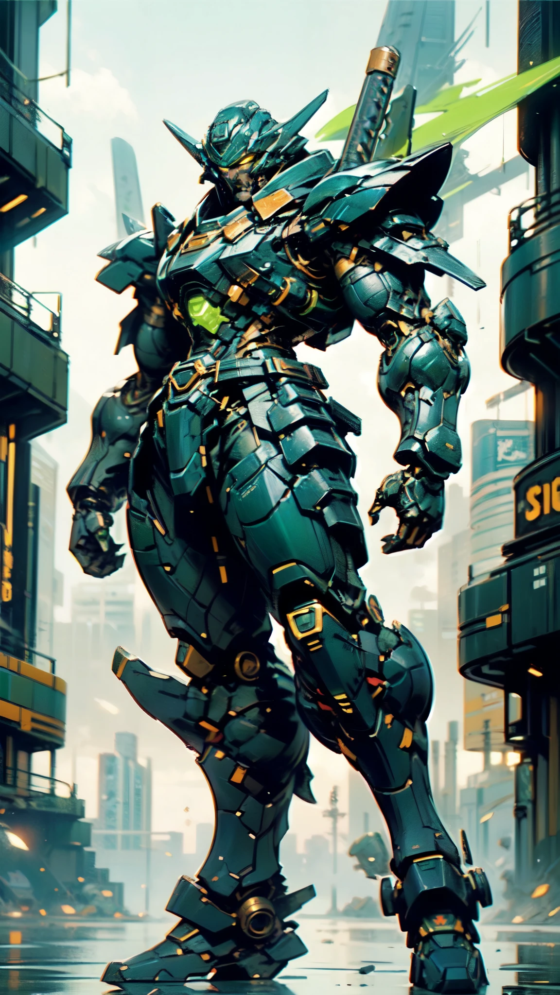 (masterpiece:1.5, best quality:1.5, extremely delicate:1.5, dynamic angle:1.5), ((male:1.5)), Biomimetic humanoid Mecha, green eyes, fully enclosed shoulder guards, matching arm and leg guards, gemstone, full body, full armor, the design balances heavy with agility, organic biotech armor, (the color scheme is primarily Blue with Green and White accents, concept Inspired by Samurai, glowing eyes, the armor glows), standing, floating high above the futuristic sci-fi city, a finely crafted Super robot in anime style, exquisite and mature art style, metallic, dramatic, high definition, highres, ultra-detailed, ultra-fine painting, professional, anatomically correct, symmetrical face, extremely detailed eyes and face, high quality eyes, creativity, RAW photo, UHD, 32k, Natural light, cinematic lighting, (masterpiece-anatomy-perfect:1.2)