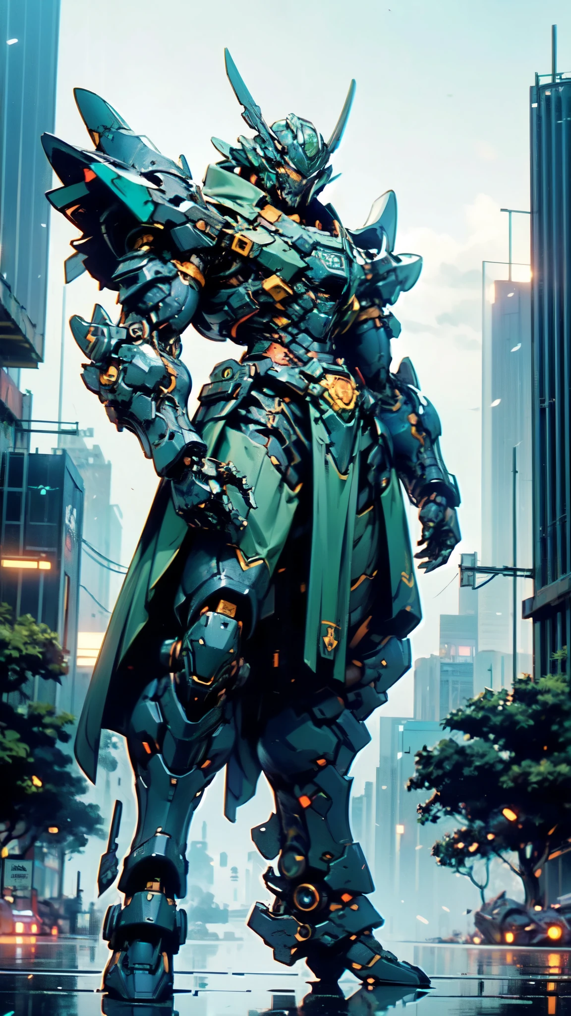 (masterpiece:1.5, best quality:1.5, extremely delicate:1.5, dynamic angle:1.5), ((male:1.5)), Biomimetic humanoid Mecha, green eyes, fully enclosed shoulder guards, matching arm and leg guards, gemstone, full body, full armor, the design balances heavy with agility, organic biotech armor, (the color scheme is primarily Blue with Green and White accents, concept Inspired by Samurai, glowing eyes, the armor glows), standing, floating high above the futuristic sci-fi city, a finely crafted Super robot in anime style, exquisite and mature art style, metallic, dramatic, high definition, highres, ultra-detailed, ultra-fine painting, professional, anatomically correct, symmetrical face, extremely detailed eyes and face, high quality eyes, creativity, RAW photo, UHD, 32k, Natural light, cinematic lighting, (masterpiece-anatomy-perfect:1.2)