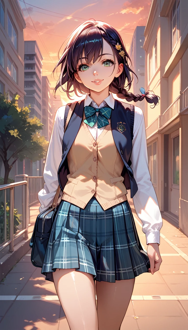 a girl,solo, school girl,braid hair, smile ,glossy lips,walking ,school uniform ,shirt,sleeveless vest,buttoned vest, plaid skirt,thigh ,cowboy shot,from front ,school commute,city,sunset