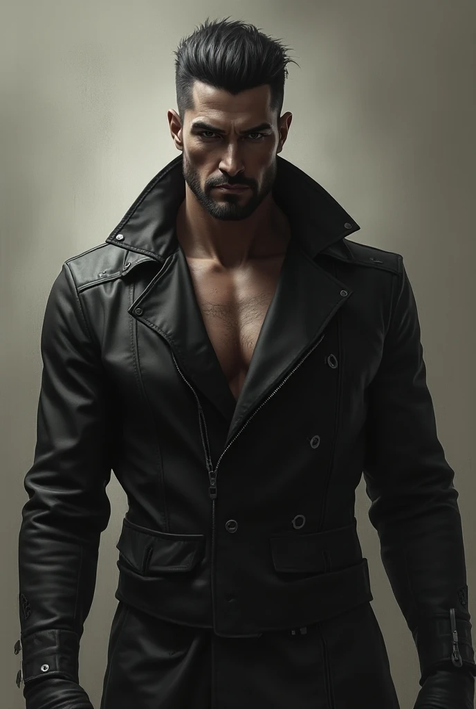 Muscular man with strong chest and arms, Bblack hair, wearing sunglasses and a black jacket 