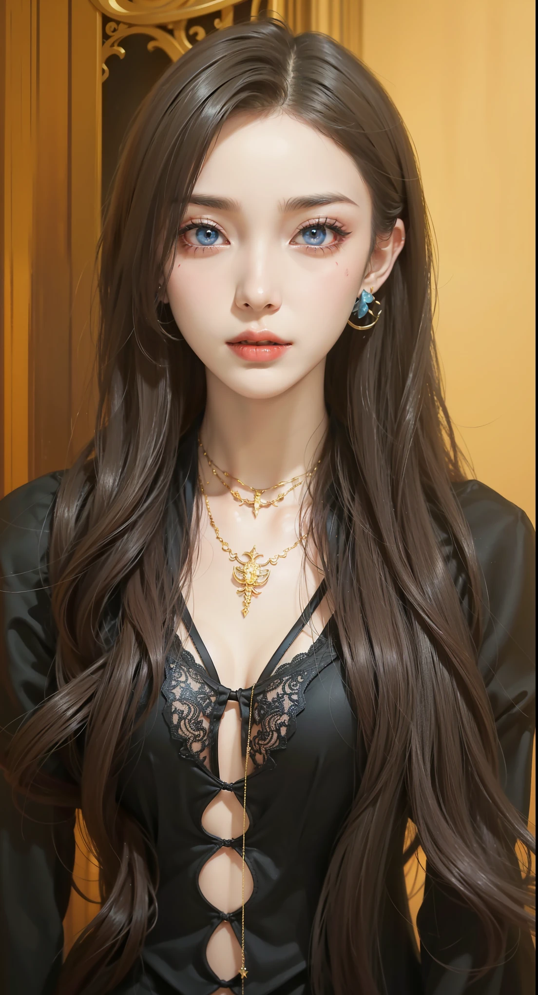 tmasterpiece,Best quality at best,ultra - detailed,8K,Detailed light,detailed shadow,primitive,(Detailed skins),(Fidelity:1.2),1girll,the face,Pilyeon,Black nails,jewely,Long hair,looking at viewert,choker necklace,choker necklace,White background,inner strength,Keep one's mouth shut,Gray eye,nail polish,simplebackground,brunette color hair,ear piercings,Black necklace,ssmile,eyeslashes,cparted lips,By bangs,bangle,bead,Pedras preciosas,耳Nipple Ring, finger nails,Bust,v neck,Small breasts