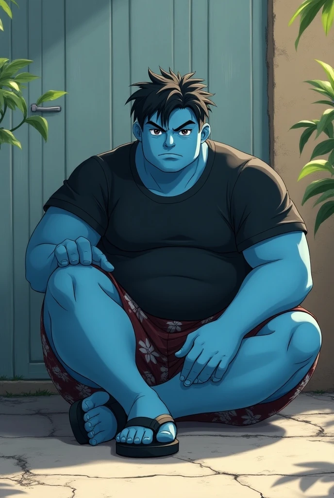 solo, 1boy, (Huge jinbei sitting in bench, park, blue skin, shorts, smile) (muscular, pectoral, chubby) (topless, shirtless), pool background, masterpiece, high detailed, 8k, high resolution