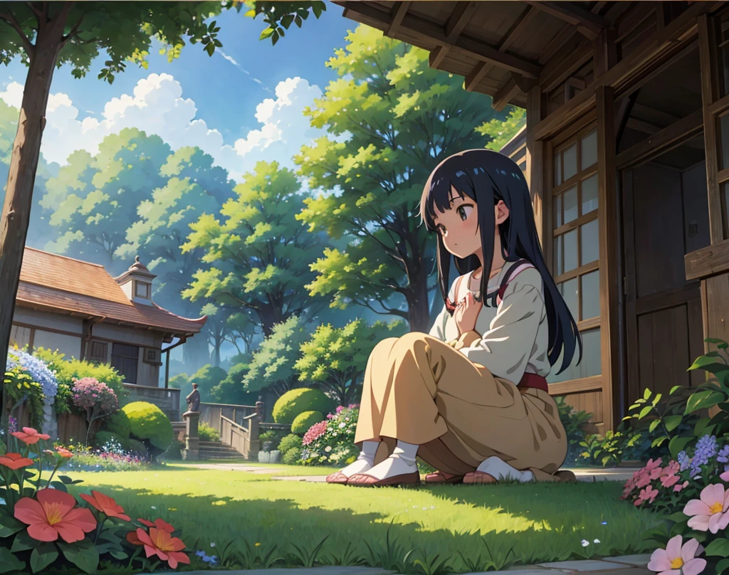 ANIME IMAGE IN STUDIO GHIBLI STYLE , IMAGE OF A GIRL IN A BEAUTIFUL GARDEN , THE GIRL IS PRAYING ; THE GIRL LOOK UP