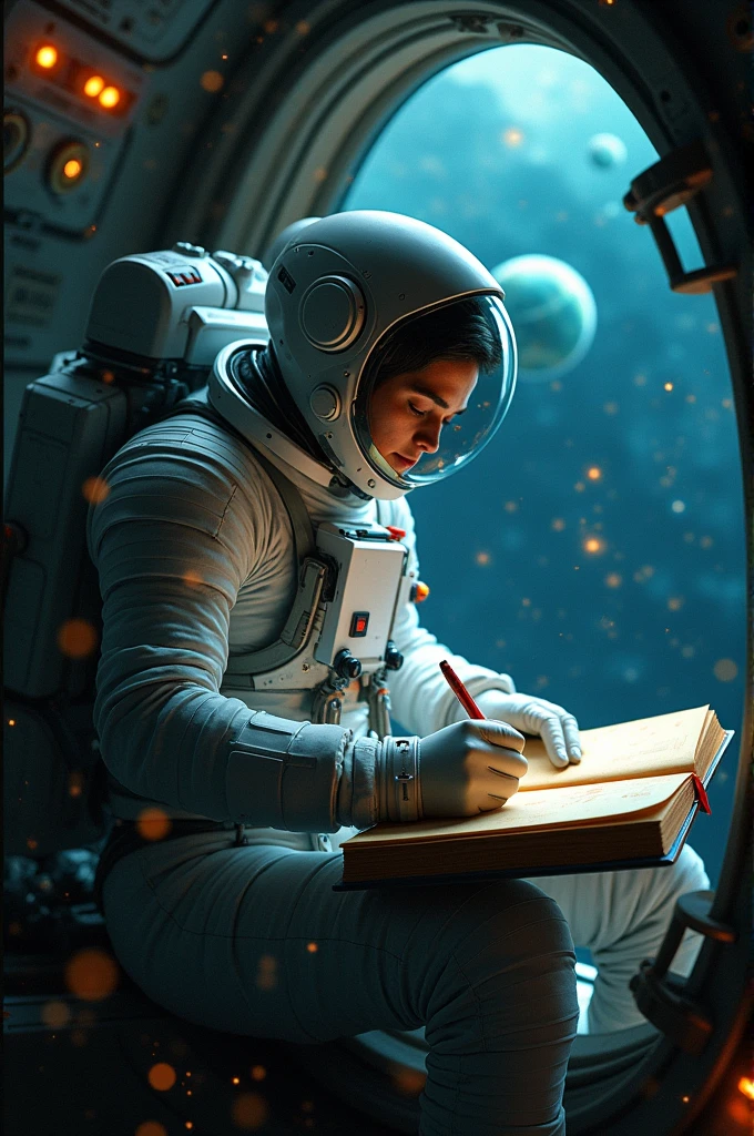 one adult astronaut, male, age 45, in full astronaut suit, in a classroom, talking and gesticulating