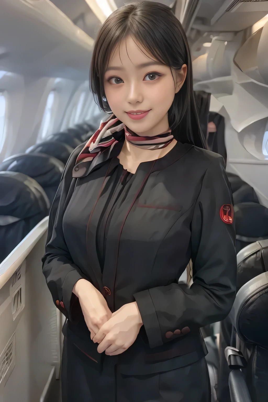 (masterpiece:1.2, Best Quality:1.2), 32K HDR,  High Resolution , (Alone、 1 girl)、（on board、 professional lighting）、In-flight background、（JAL cabincrew uniformを着たリアルスタイル）、（（JAL cabincrew uniform long sleeve jacket 、 jumper skirt、Scarf around the neck））、Dark brown hair、（Long Hair、Hair tied up、Hair tied up）、Dark brown hair、 LONG SHOT 、Big Breasts、Thin legs、（（Great hands：2.0）），（（ Harmonious Body Proportions：1.5）），（（Normal limbs：2.0）），（（Normal finger：2.0）），（（Delicate eyes：2.0）），（（Normal eyes：2.0））)、smile、（JAL cabincrew uniform美しい立ち姿）、Hands clasped underneath