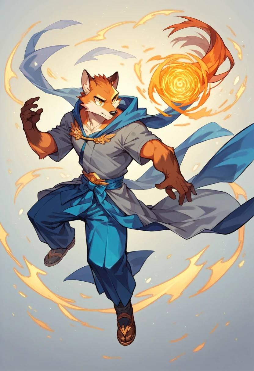 ((best quality)) ((masterpiece)) portrait, golden eyes, floating, magic, sorcerer, muscular ginger fox, determination, anthro, kawai, high detail, vibrant, fantasy city, blue hakama, grey kimono*, male, 8k