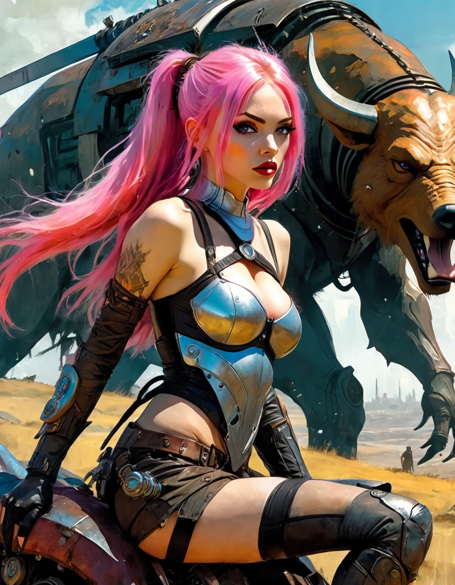 Close up, Game cover art, 4K, incredible art, Best quality, masterpiece, (Milf:1.2),(curvy:1.3),(erected :1.4), (juicy cameltoe:1.3),30yo,large boobs, A teenage girl walking in a post-apocalyptic wasteland, with a backpack, a machete, and a robotic dog companion. She has beautiful long pink hair and gigantic boobs, large boobs