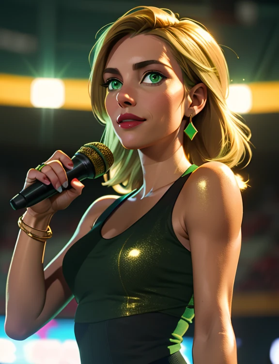 (best quality, 8k, ultra-detailed, realistic:1.37), BREAK alluring 36-years-old woman, standing at approximately 5'1" tall, ((slim, petite)), ((Hourglass figure)), medium breasts, tan olive skin, long blonde hair, ((green eyes:1.3)), eyeshadow, mascara, red lipstick, BREAK ((Wearing a yellow top, golden bracelets, golden earrings, and tight shiny black leggings)) BREAK She's a sports announcer, ((she's holding a microphone in one hand:1.3)), looking from behind, shot from behind, she's looking from behind with a charming smile BREAK outdoors, Football stadium