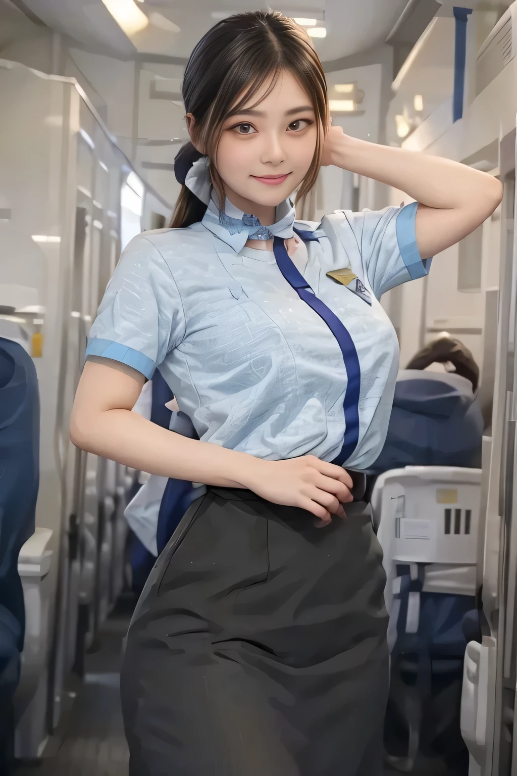 (masterpiece:1.2, Best Quality:1.2), 32K HDR, High Resolution , (Alone、 1 girl)、(on board、 professional lighting)、In-flight background、(ANA flight attendant uniform blueを着たリアルスタイル)、((ANA flight attendant uniform blue short sleeve blouse 、 ANA flight attendant uniform blue skirt with blue line on the back、Scarf around the neck))、Dark brown hair、(Long Hair、Hair tied up、Hair tied up)、Dark brown hair、 LONG SHOT 、Big Breasts、Thin legs、((Great hands:2.0)),(( Harmonious Body Proportions:1.5)),((Normal limbs:2.0)),((Normal finger:2.0)),((Delicate eyes:2.0)),((Normal eyes:2.0)))、smile、(ANA flight attendant uniform blueを見せた美しい後ろ姿)、Hands down