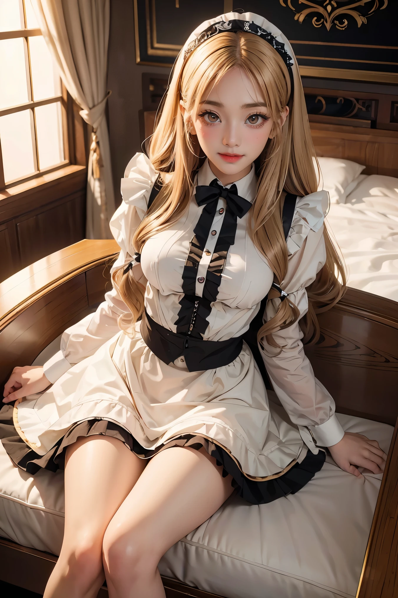 18 year old beautiful girl, big eyes, large breasts, petite and slender, 8K, top quality, (very detailed head: 1.0), (very detailed face: 1.0), (very detailed hair: 1.0), maid clothes, very detailed official artwork, anime moe art style, clean detailed anime art, smile, golden hair, smooth long hair