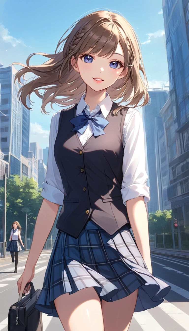 HimikoU1, 1girl, solo, bangs, blonde hair, yellow eyes, blunt bangs, hair bun, double bun, sidelocks, messy hair, looking at viewer, smile, blush, bags under eyes, teeth, , sailor collar, open mouth, serafuku, fangs, breasts, medium breasts, cardigan, narrowed eyes, long sleeves, neckerchief, red neckerchief, cowboy shot, slit pupils, blue saillor collar, skirt, sharp teeths, :d, pleated skirt, collarbone, short hair, blue skirt, kneehighs, outdoors, day, buildings, city, clouds, balcony, trees, bushes, tall female, skinny, looking back, from behind, ass focus, ass, medium ass,