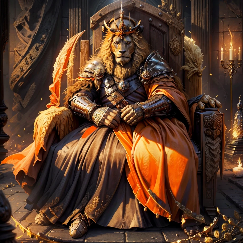  A lion with a king's crown sitting on a throne with a giant lion's skin .  The king has a scar on his eye . the eyes are black.  The throne with the king is far away in a large hall with guards dressed in medieval orange armor. They wear spears and helmets . Dark fantasy. masterpiece,  High resolution , Necessary,  Better quality.