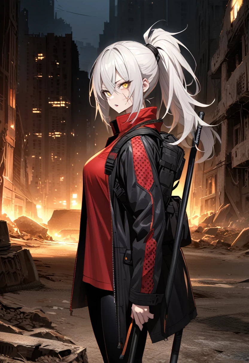 mature, golden eyes, looking at viewer, female, outskirts background, messy hair, very long white hair that reaches to her thighs, ponytail, parted lips, hair between eyes, standing, scar across eye, clear skin, slim, fit, from the side, night, abandoned city, tactical black pants, red shirt, black torn coat, scars on face, polearm axe on her back