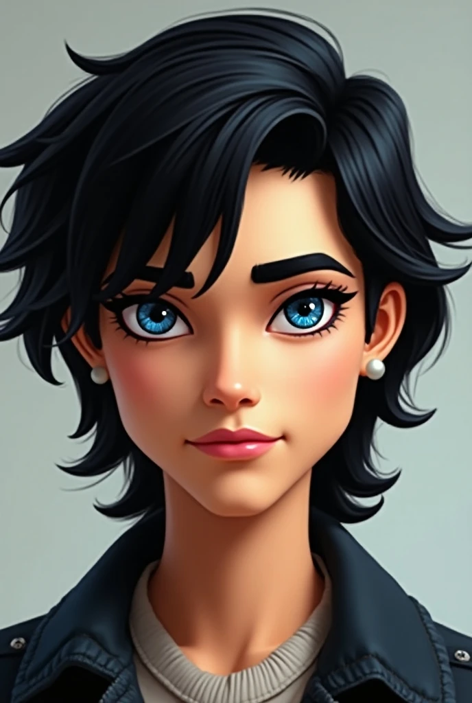 White guy in bratz style with shaped blue eyes and black hair without nose and with pretty lips 