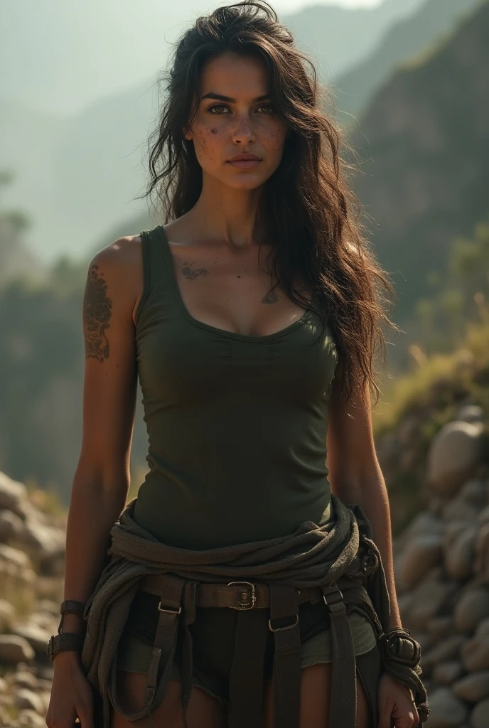 A Brazilian female character from Resident Evil 4 remake who has long curly dark brown hair, a brown woman with dark brown eyes and a tattoo on her arms and a small scar on her left eyebrow.