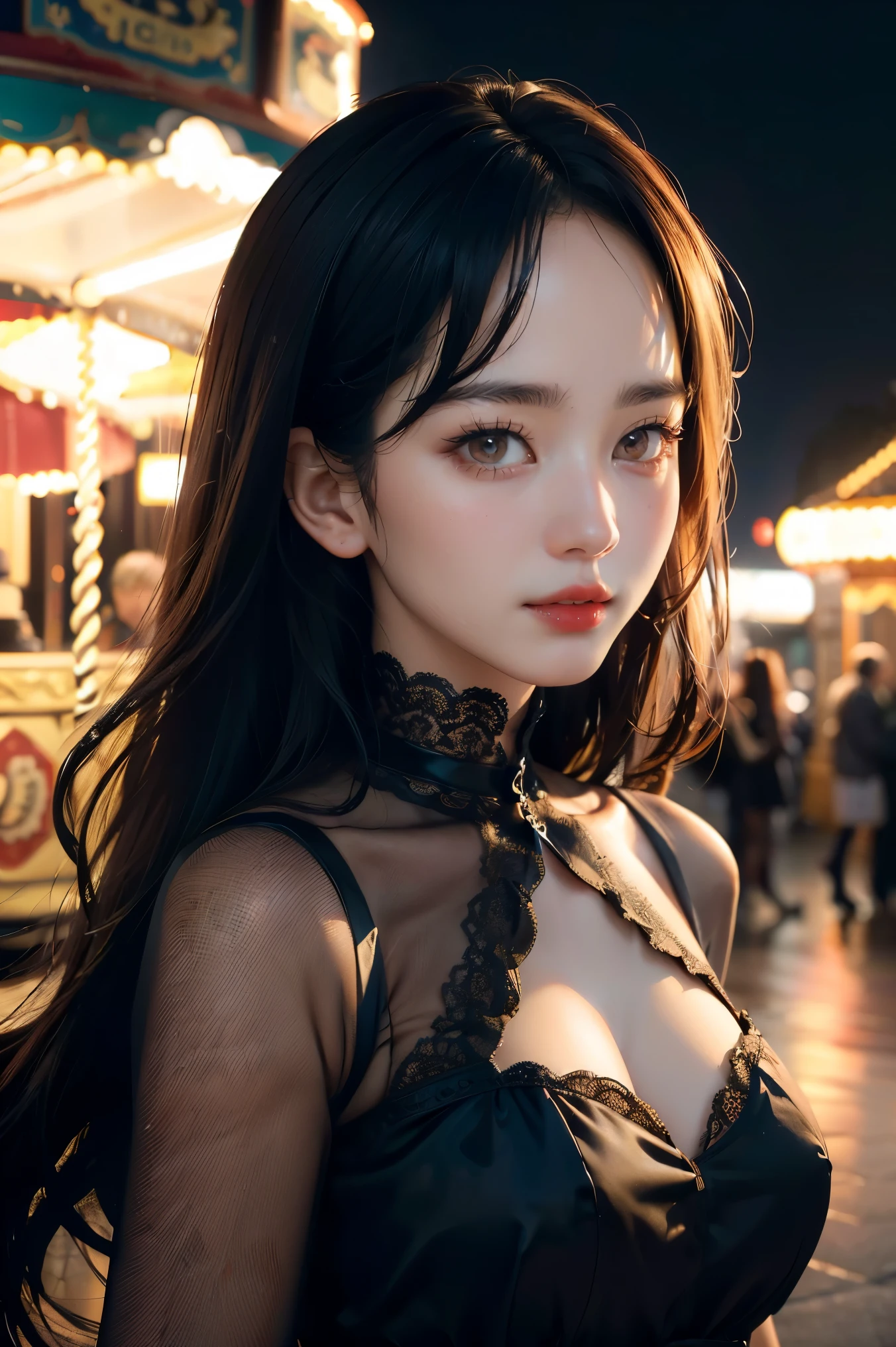 (8k, RAW photo, best quality, masterpiece:1.2), (realistic, photo-realistic:1.37) , 1girl, (carousel, night), miaoxiaoji(secret_tea), detailed face, detailed eyes, black dress