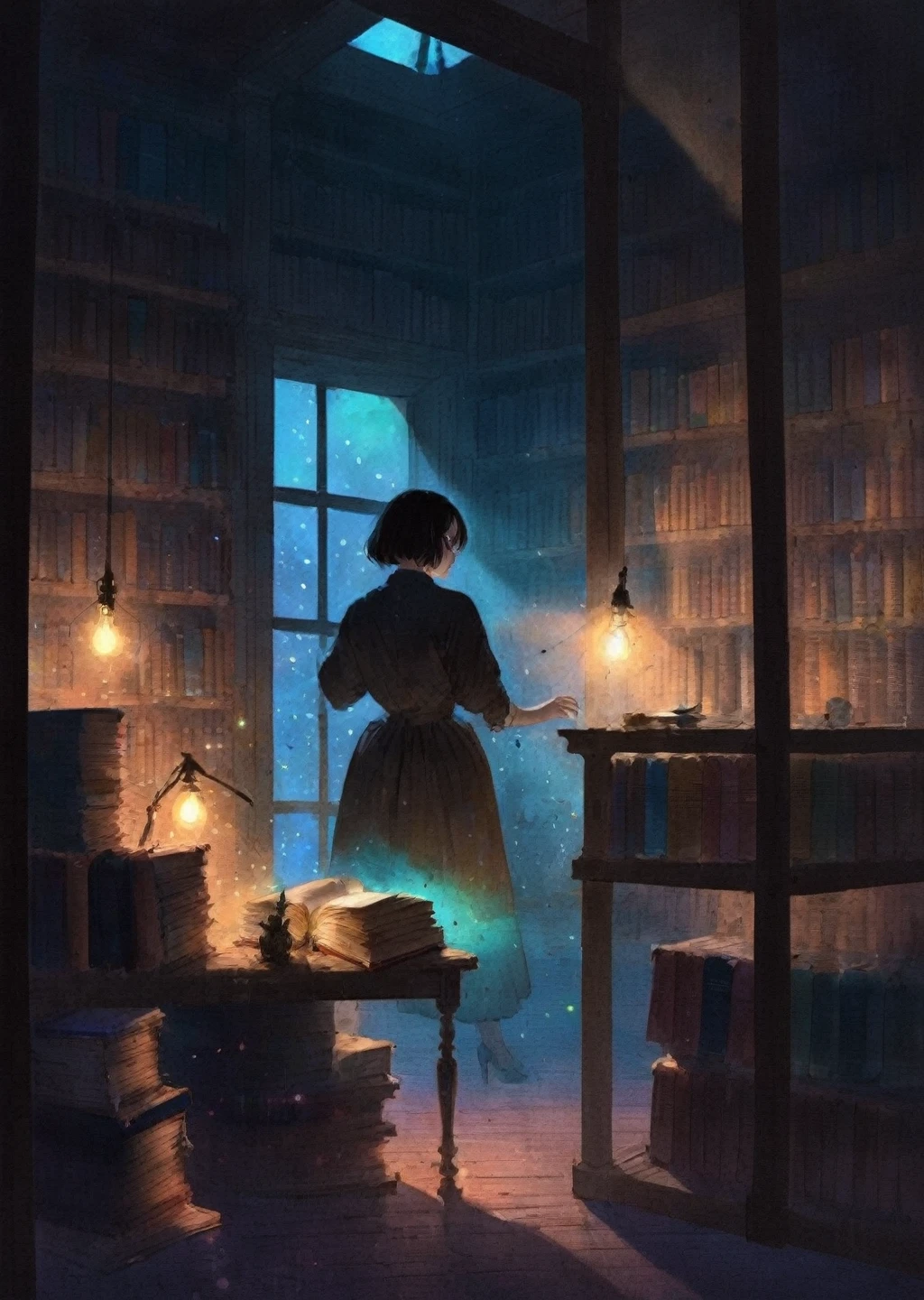 diterlizziartai  watseixl
1girl explores a dimly lit attic filled with old books, casting eerie shadows on the walls. close up   
 magic library
colorful
gradient
glowing particles 
warm lights, 
[(details:1.2): [ (many small details:1.3) : [ (many ultrasmall details: 1.2):(very detailed ultrasmall edges and microrelief:1.5):0.7 ]: 0.4 ] :0.2]
   