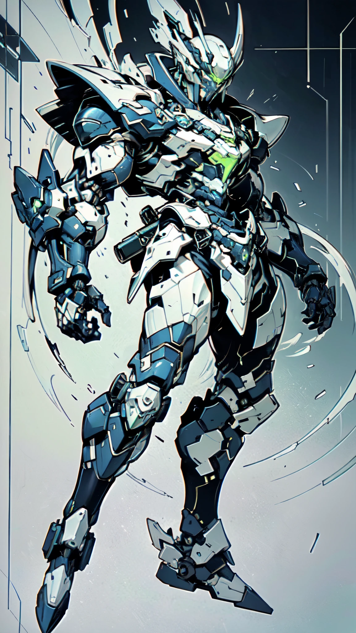 (masterpiece:1.5, best quality:1.5, extremely delicate:1.5, dynamic angle:1.5), ((male:1.5)), Biomimetic humanoid Mecha, green eyes, fully enclosed shoulder guards, matching arm and leg guards, gemstone, full body, full armor, the design balances heavy with agility, organic biotech armor, (the color scheme is primarily Blue with Green and White accents, concept Inspired by Samurai, glowing eyes, the armor glows), standing, floating high above the futuristic sci-fi city, a finely crafted Super robot in anime style, exquisite and mature art style, metallic, dramatic, high definition, highres, ultra-detailed, ultra-fine painting, professional, anatomically correct, symmetrical face, extremely detailed eyes and face, high quality eyes, creativity, RAW photo, UHD, 32k, Natural light, cinematic lighting, (masterpiece-anatomy-perfect:1.2)