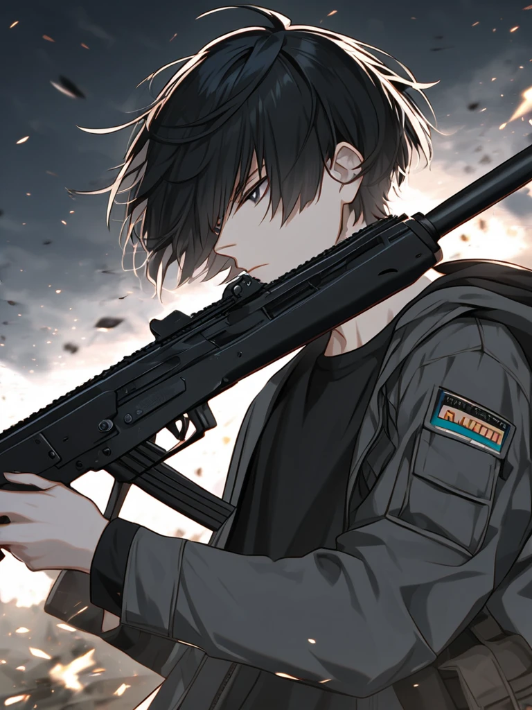 One Man, Young man,Adult male,男らShii,Fair skin,Black Hair,Rin々Shii, Handsome Man , is cool,gray outerwear , jacket,Beautiful black shirt ,Short Hair,bangs,cool,Expressionless,special eye ,battlefield,A boy holding a highly detailed automatic rifle, a highly accurate automatic rifle.Best Quality, High Resolution , unity 8k Wallpaper , (Illustration:0.8),( perfect eyes, Perfect Anatomy),