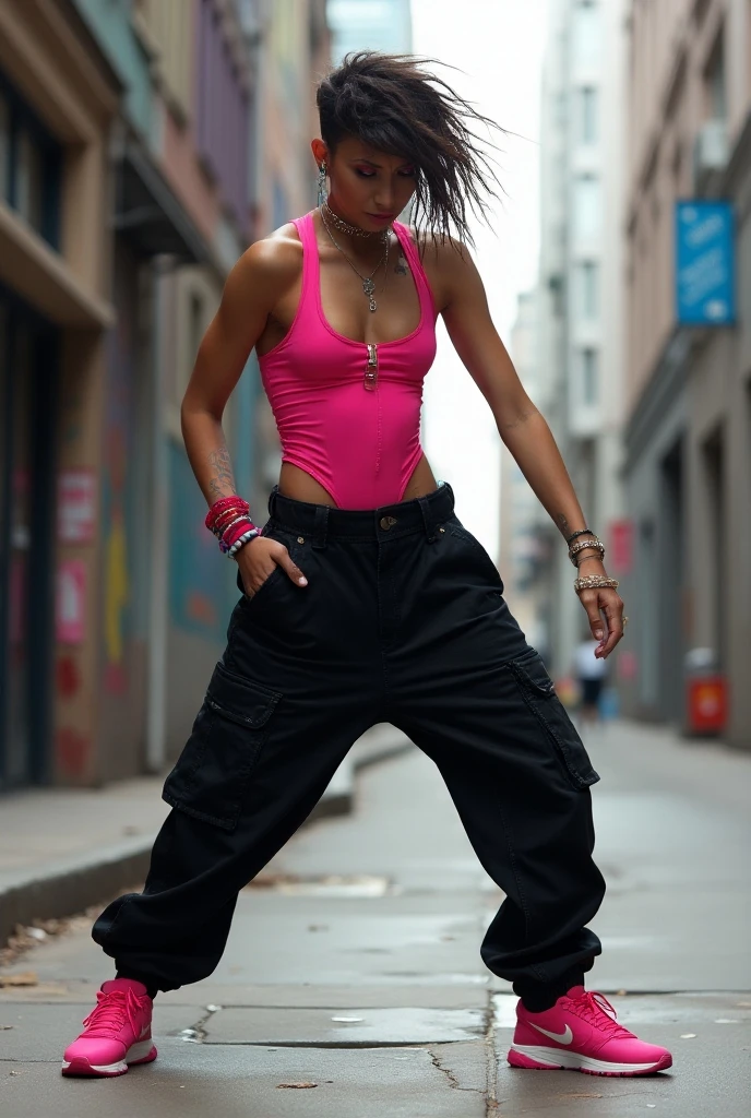Photo of Jubilee standing confidently with hands on hips in a close-up shot of their upper body, wearing an open yellow jacket, denim shorts, pink shirt and (blue gloves:1.4), against a backdrop of vibrant streets and a wall covered in graffiti.
young, slender, (purple shaders on head:1.2).
<lora:jubilee:0.7>