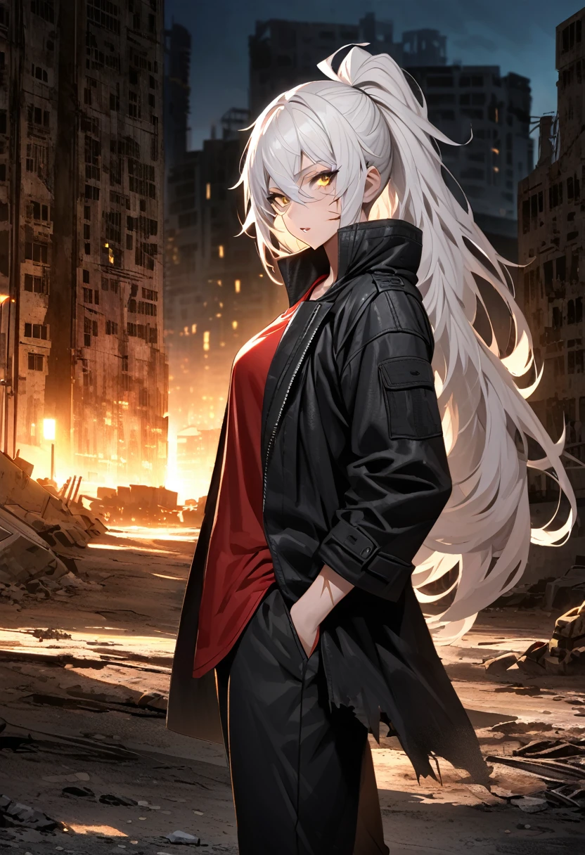 mature, golden eyes, looking at viewer, female, outskirts background, messy hair, very long white hair that reaches to her thighs, ponytail, parted lips, hair between eyes, standing, scar across eye, clear skin, slim, fit, from the side, night, abandoned city, tactical black pants, red shirt, black torn coat, scars on face