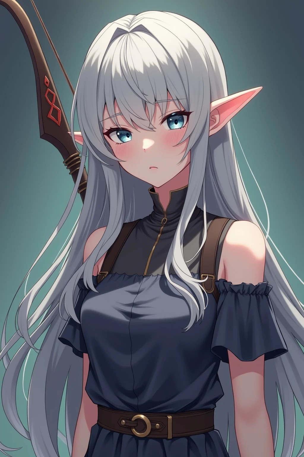 Japanese anime style art: a young elf with long white hair and silver eyes, They have a gentle expression and an adorable look but they are also sensual, wears medieval clothing in black and white, carries silver-colored daggers with him