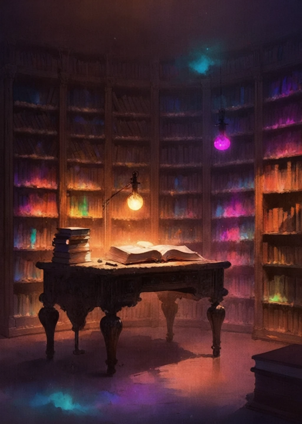 Big Writing table in front of bookcases, filled with old books, casting eerie shadows on the walls. close up magic library colorful gradient glowing particles warm lights, library