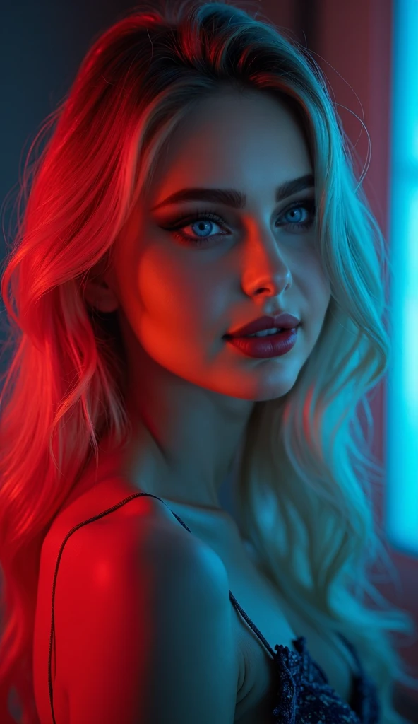 (hyper realistic, photorealistic, 8k, intricate details, depth of field), establishing long shot of a beautiful American woman, with long neon blue blond red hair, Transparent lingerie, beautiful breasts, seductive cleavage, beautiful azure color eyes, Transparent lingerie, walking seductively and smiling in a naughty and horny way. Transparent lingerie Through a futuristic neon city