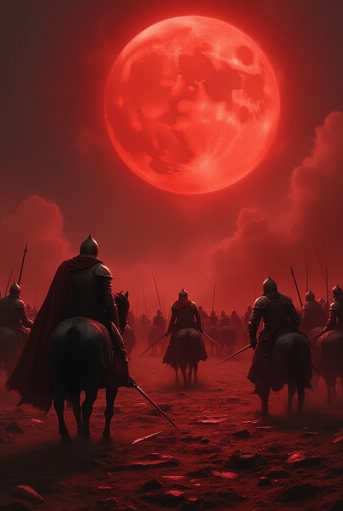 Create a background with a top-down view of an army of monsters advancing across a beach with long spears and war banners. It is midnight and the moon is rising. In the background there is a giant throne with a demon sitting on it while his eyes shine and watch his army advance., The moon is red and the river is red, In the sky there are dragons and other demons women with wings