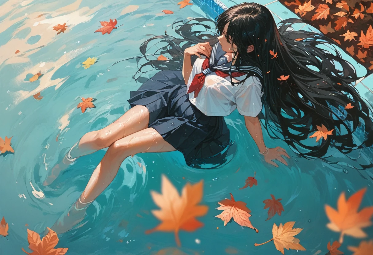 (high resolution,,)（Pool）(Full body view) 1girl((female ) (Black Hair、Long Hair)（Black school uniform）(,wet,,afloat）Girl drifting on the surface of the water with autumn leaves