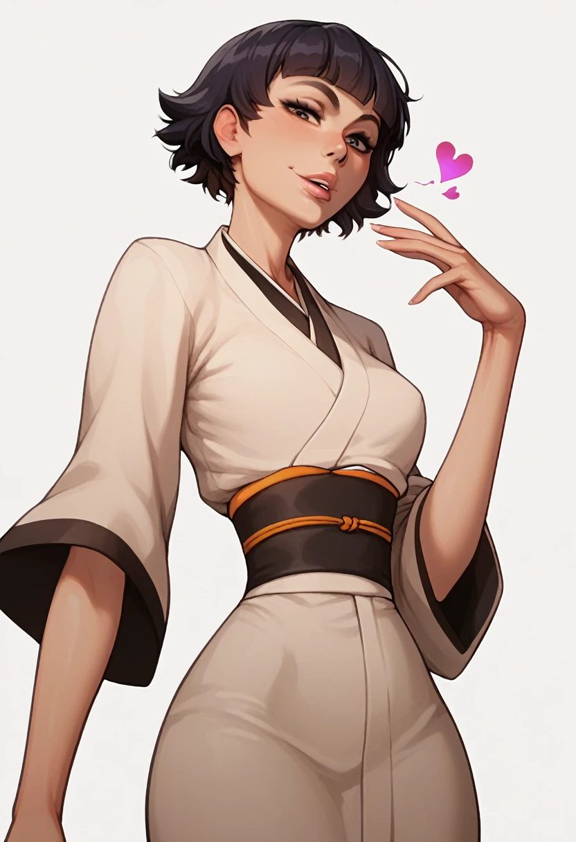 Soifon, 2d, cartoon style, solo, squating, legs wide spread, view from front, sexy, short hair, looking at viewer, naughty face, slevles kimono dress, slim body, skiny waist, wide hips, simple white background, oiled, correct fingers,  from below, heart near lips, Winks, blows a kiss, one hand palm up near face, 