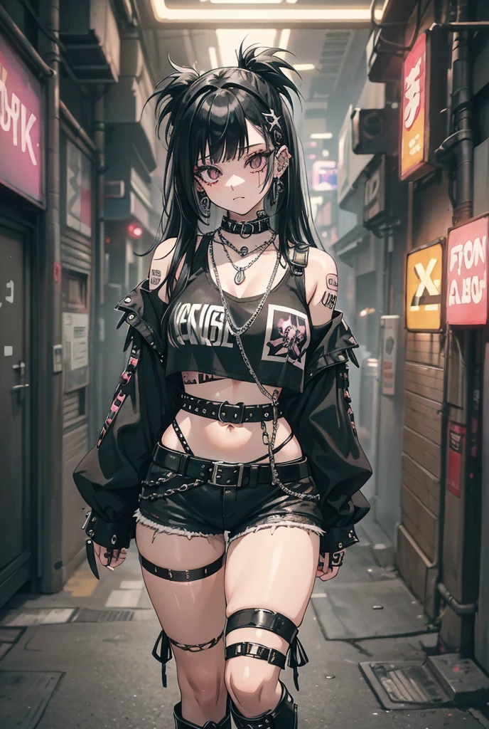 Long hair, punky black shorts with seven-color mesh, punky black shorts, punk rock fashion, silver chain belt, thick bottom boots, vivid color, black makeup, cute, 25 years old, slightly tight facial features, dancing nightclub 