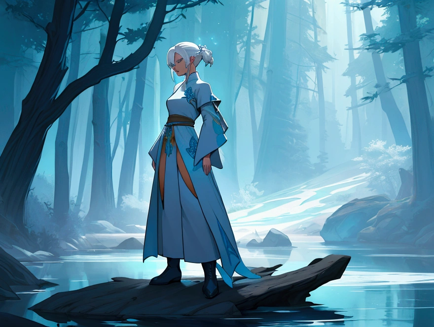 Sautoro gojo/jujutsu no kaise, blue eye color, white hair (landscape a forest at dusk), clothes a blue kimono. --auto