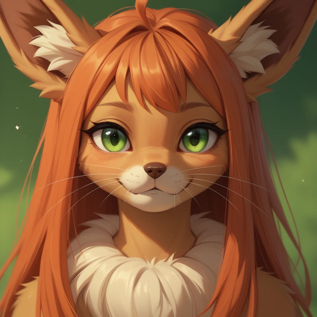 Solo:1.3, By claweddrip, by hyattlen, by fumiko, a cute female orange tabby eevee, long hair, ruby hair, green eyes, long white whiskers, 