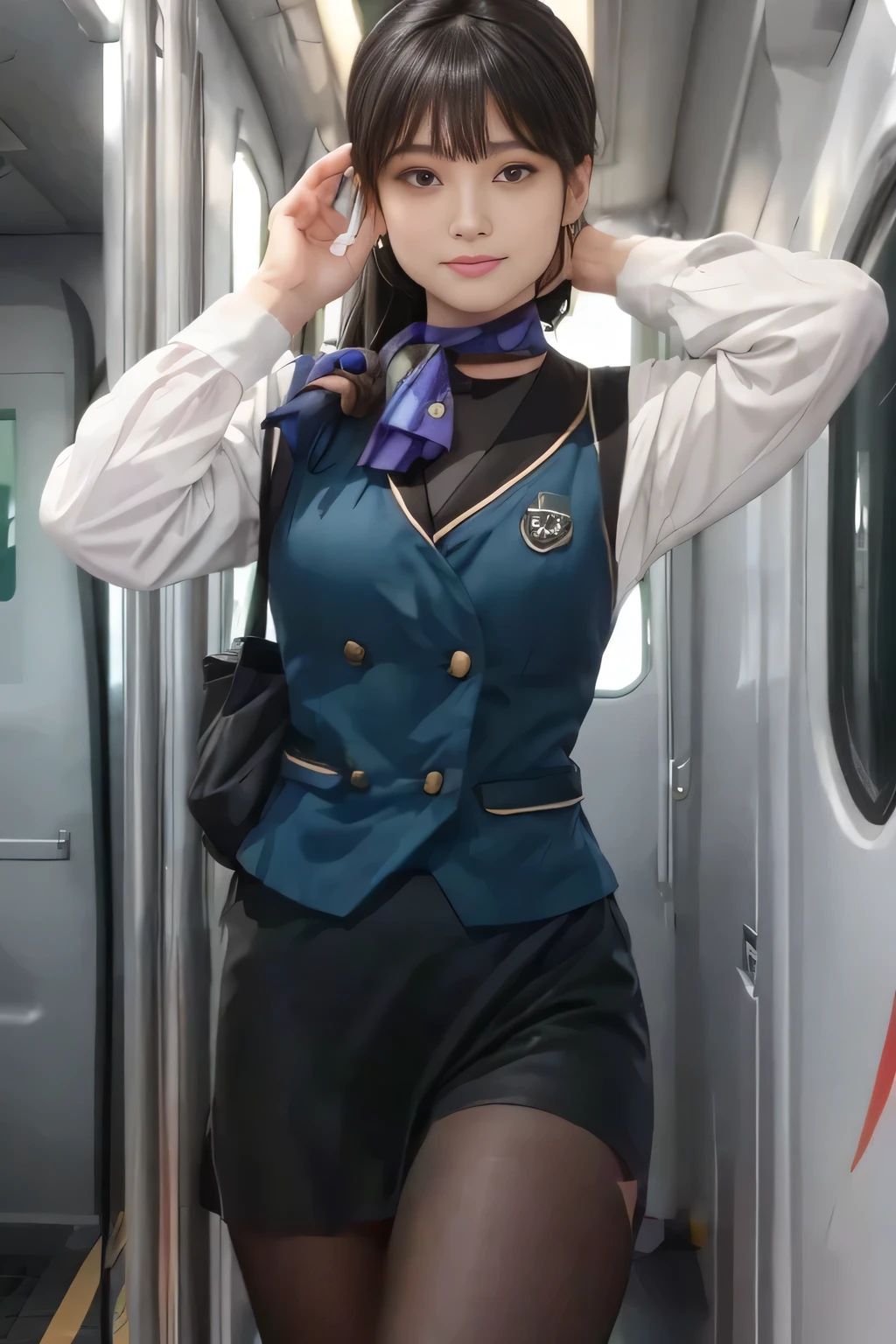 (masterpiece:1.2, Best Quality:1.2), 32K HDR,  High Resolution , (Alone、 1 girl)、（on board、 professional lighting）、In-flight background、（Nankai Train crew uniformを着たリアルスタイル）、（（ Nankai Train Crew Uniform Collarless Blouse Long Sleeve 、  Black Curled Culottes Skirt 、Scarf around the neck））、Dark brown hair、（Long Hair、Hair tied up、Hair tied up）、Dark brown hair、 LONG SHOT 、Big Breasts、Thin legs、（（Great hands：2.0）），（（ Harmonious Body Proportions：1.5）），（（Normal limbs：2.0）），（（Normal finger：2.0）），（（Delicate eyes：2.0）），（（Normal eyes：2.0））)、smile、（Nankai Train crew uniformを見せた美しい姿）、Hands clasped underneath
